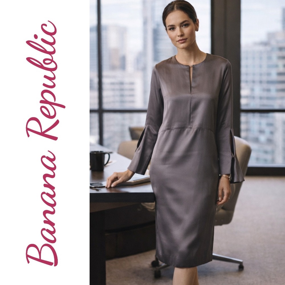 Banana Republic Heritage 100% Silk Midi Dress Gray Executive Minimalist Luxe,  S